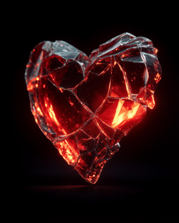 Glowing red broken glass heart shines beautifully against a dark backgroundの素材