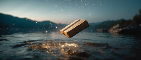 Bible floating above calm lake at sunset with soft light reflecting on waterの素材