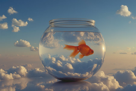 Glass fishbowl filled with clouds and sky, creating a dreamy and surreal atmosphereの素材