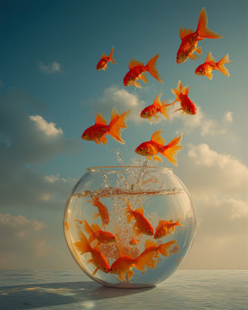 Goldfish leap from their bowl into the air under a sunny sky in a playful display of energy and freedomの素材