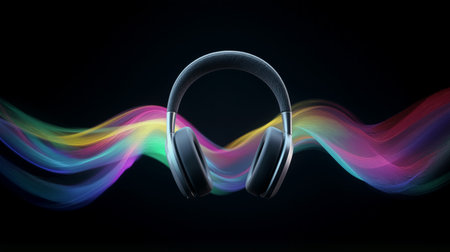 Headphones transform into vibrant waves of color, showcasing sound in a lively and artistic mannerの素材