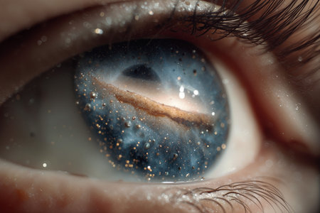 Human eye reflecting a galaxy with stars and cosmic elements visible in a macro settingの素材