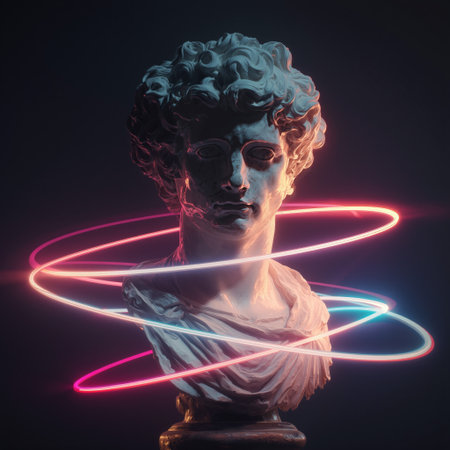 Marble bust with colorful glowing rings floating around in a dark settingの素材