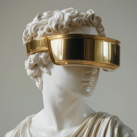 Marble bust wears gold virtual reality headset in modern artistic displayの素材