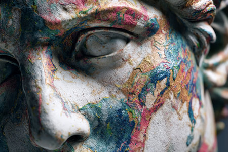 Marble statue adorned with vibrant paint splashes in an artistic display of color and textureの素材