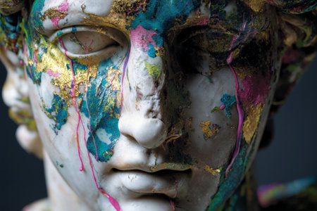 Marble statue adorned with vibrant paint splashes showcases artistic expression and modern contrastの素材