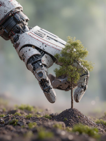 Robot hand carefully planting a small tree in rich soil under soft sunlightの素材