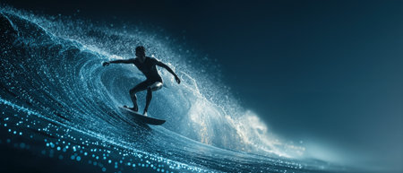 Surfer rides a digital wave of data in a virtual ocean environment at duskの素材