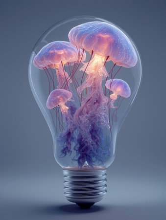 Jellyfish float gracefully inside a glowing light bulb, creating a unique blend of nature and designの素材
