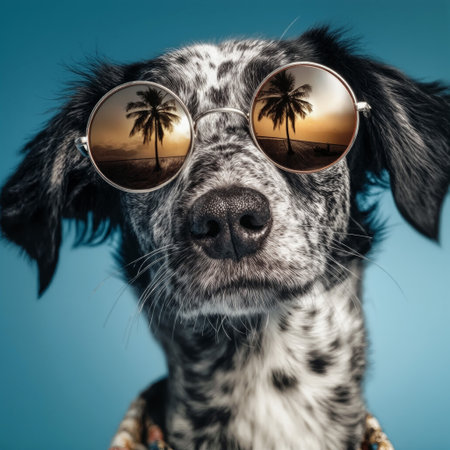 Dog enjoys a sunny day with reflective sunglasses showcasing palm trees at sunsetの素材