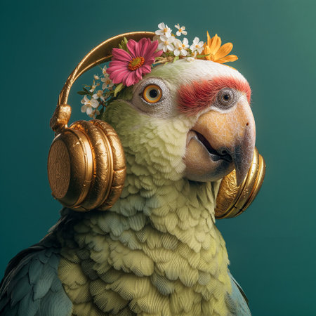 Parrot with gold headphones and flower crown enjoys music in bright studio settingの素材
