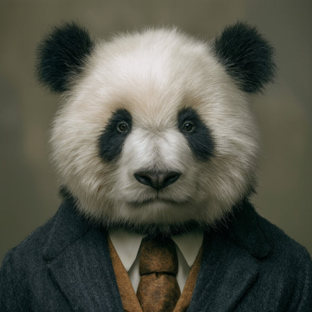 Panda in a suit and tie looks formal and sophisticated for a modern event with a neutral backgroundの素材