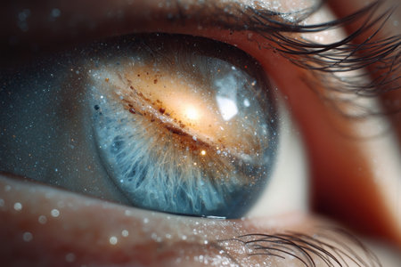 Human eye reflecting a galaxy with sparkling stars in a macro close-up viewの素材