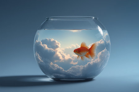 Clouds and sky reflected in a glass fishbowl with a goldfish swimming peacefully in the waterの素材