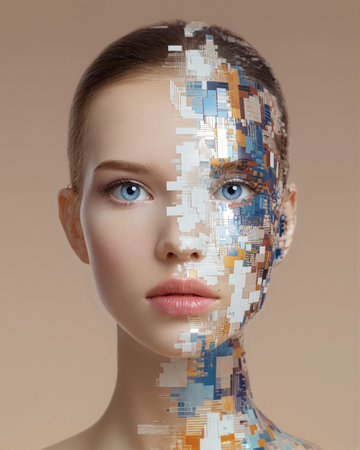 Modern woman with half-face painted in vibrant colors stands against a neutral background showcasing artistic expressionの素材