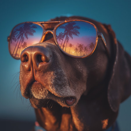 Dog wearing reflective sunglasses enjoys a beach sunset with palm trees in the backgroundの素材