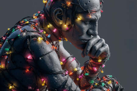 Thinker statue decorated with colorful Christmas lights in a festive displayの素材