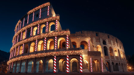 Colosseum beautifully illuminated at night with festive decorations for the holiday seasonの素材