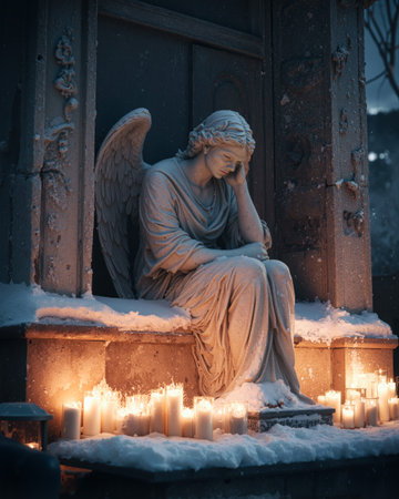 Snow blankets Michelangelos Piet as night falls, showcasing serene beauty in a calm winter sceneの素材