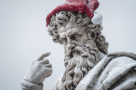 Michelangelos Moses statue adorned with a festive Santa hat during winterの素材