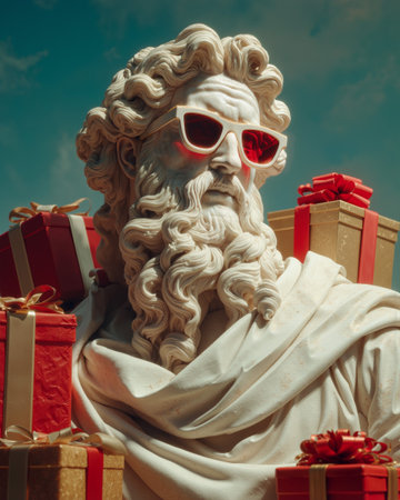 Michelangelos Moses statue adorned with sunglasses and surrounded by colorful gifts in a playful displayの素材