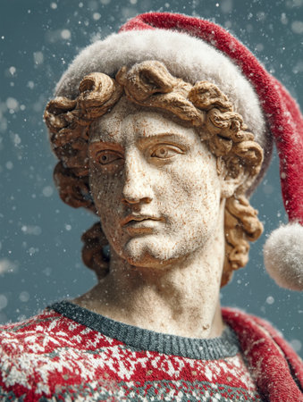 Michelangelos David wears a Santa hat adorned with a festive sweater during winter snowfallの素材