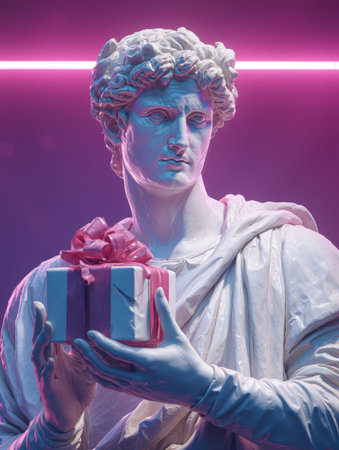 David statue holds a small wrapped gift in a vibrant setting with neon lightsの素材