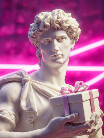 David statue holding a wrapped gift against a vibrant pink backdrop in a modern settingの素材