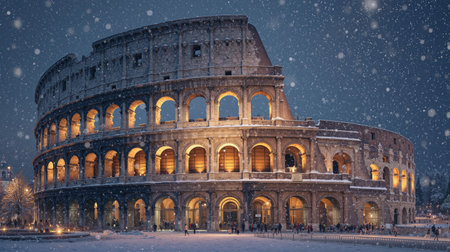 Colosseum illuminated by soft lights during a serene snowfall in winterの素材