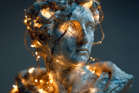 Marble bust adorned with glowing Christmas lights creates a festive atmosphere in a cozy indoor settingの素材