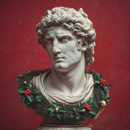 Greek bust adorned with festive Christmas garland against a vibrant red backgroundの素材