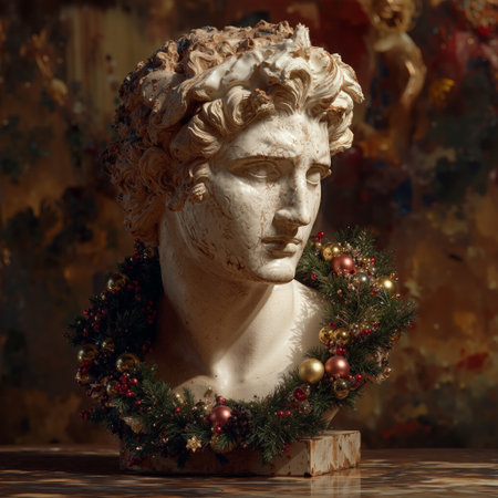 Greek bust adorned with Christmas garland creates a festive atmosphere in art displayの素材