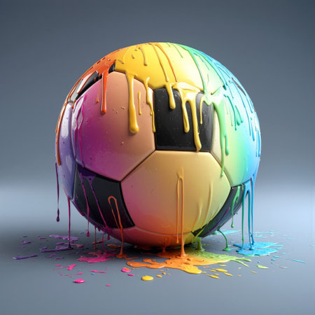 Colorful soccer ball with paint dripping in vibrant hues on a grey backgroundの素材