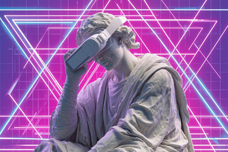 Marble statue with virtual reality glasses against a futuristic neon backgroundの素材