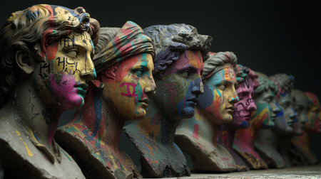Ancient busts with vibrant colors artfully arranged, showcasing historical figures in a contemporary styleの素材