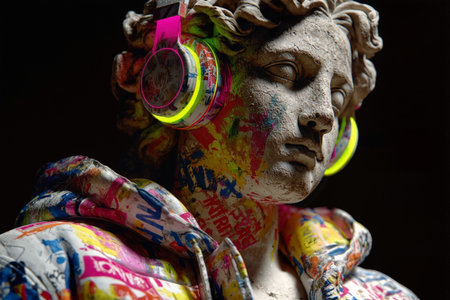Ancient statue adorned with vibrant neon headphones in modern artistic displayの素材