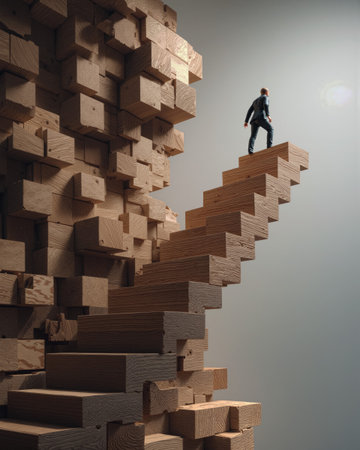 Surreal businessman ascending wooden stairs in abstract design reflecting ambition and creativityの素材
