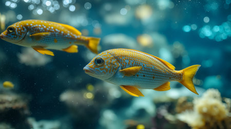 Tropical fish gracefully swim in clear water, showcasing vibrant colors and lively movements in a beautiful underwater worldの素材