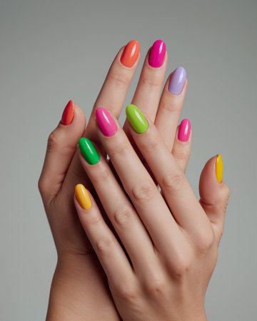 Colorful manicure showcasing vibrant nail designs on hands against a neutral backgroundの素材