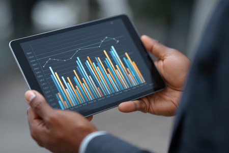 Person presenting a detailed graph on a tablet during a business meeting in a modern office settingの素材