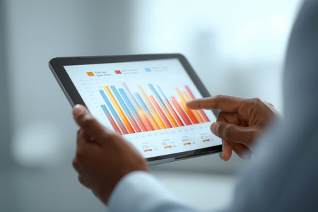 Person presents data on a digital tablet during a meeting in a bright office spaceの素材