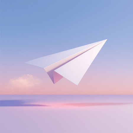 Paper airplane soars over a pastel sky during sunset with soft colors and peaceful sceneryの素材
