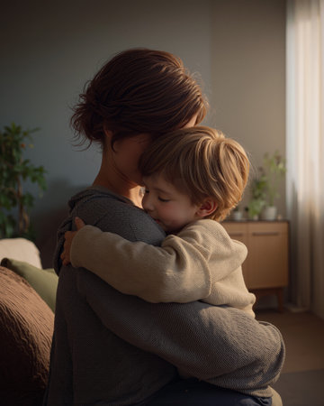 Mother shares a loving embrace with her child in a cozy living room during afternoon sunlightの素材