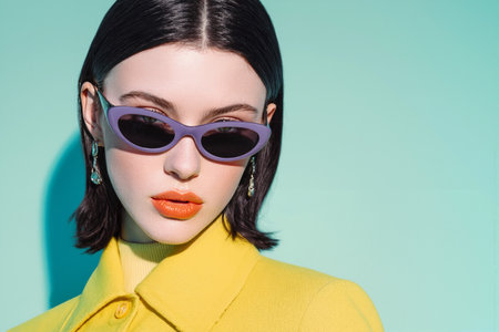 Model showcases stylish sunglasses against a vibrant pastel background in a fashion-forward settingの素材