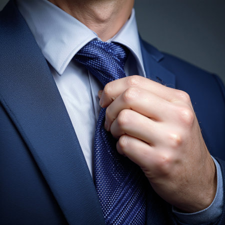 Man adjusting a tie while wearing a classic suit in a well-lit setting before a formal eventの素材