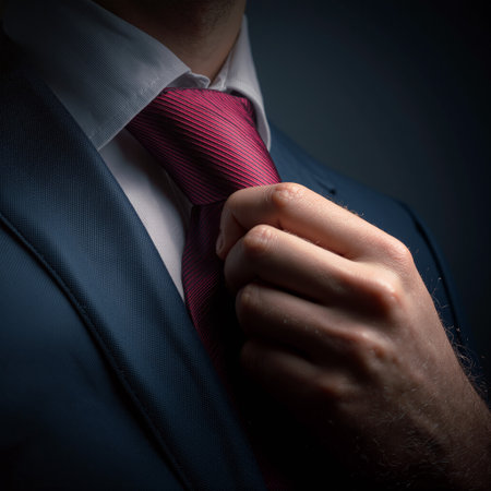 Man adjusts his tie while dressed in a formal suit in a dark setting before a special occasionの素材
