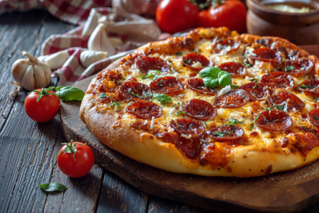 Homemade pizza with pepperoni and fresh ingredients on a wooden table, perfect for a casual mealの素材