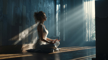 Young woman meditates peacefully in a sunlit room surrounded by warm wooden wallsの素材
