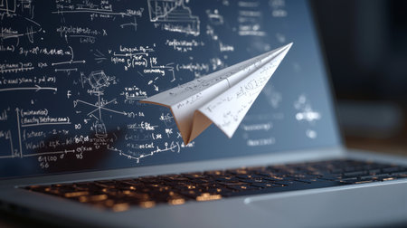 Raw paper airplane soaring above a laptop covered with mathematical equations in a well-lit study spaceの素材