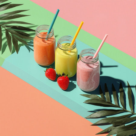 Fresh and colorful smoothies arranged in a beautiful flatlay with vibrant floral accentsの素材